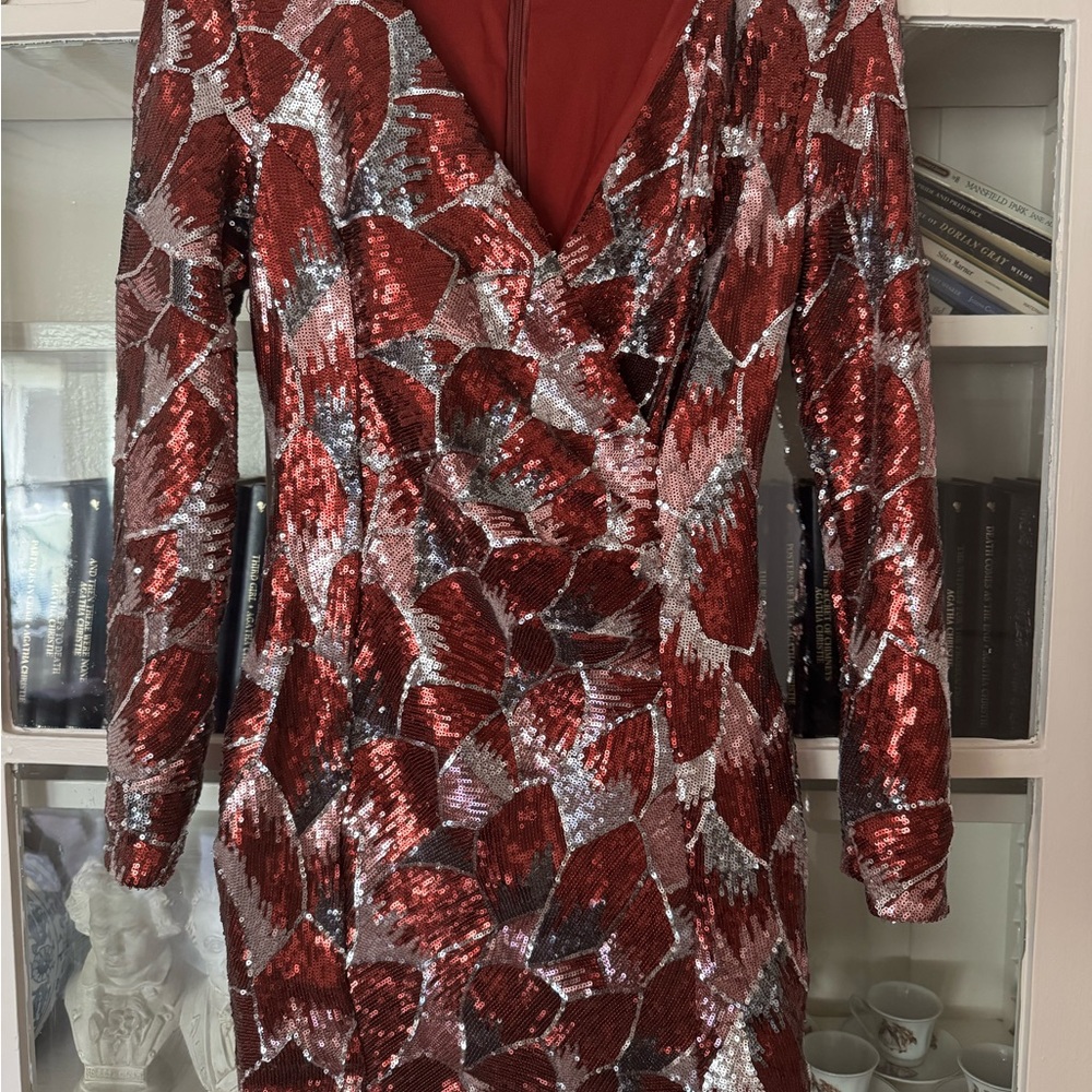 Red Long Sleeve Bodycon Wrap Dress with V Neck for Cocktail